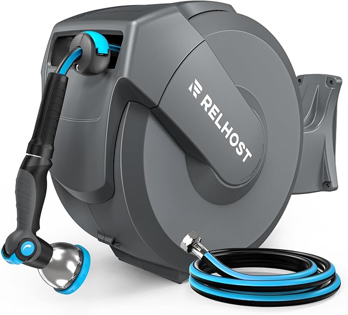 Retractable Garden Hose Reel 120 ft x 1/2 in, Heavy Duty Hose Reel Wall Mount by Relhost