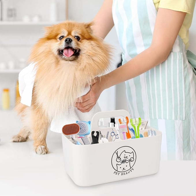 Minimalist White Dog Cat Grooming Supplies Organizer, Portable Caddy - Image 2