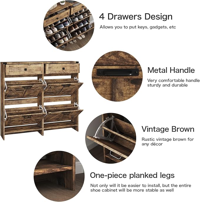 Shoe Cabinet with 4 Flip Drawers & 2 Drawers, Farmhouse Shoe Storage Cabinet - Image 4