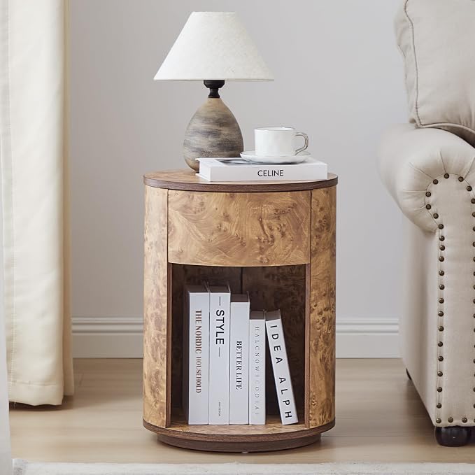Side Table with Drawer, Round Bedside Table with Open Shelf, Farmhouse Burl - Image 3