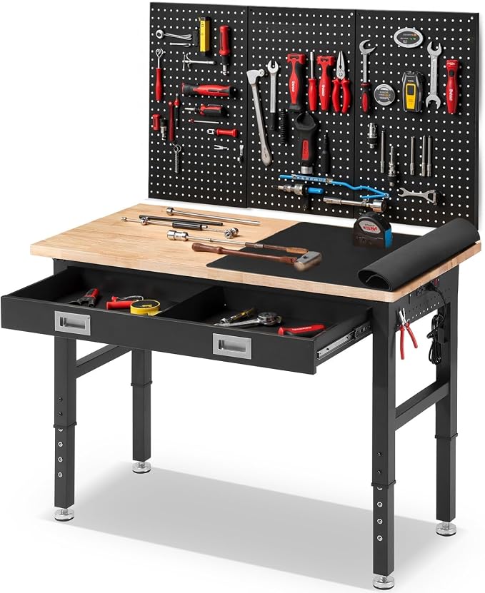 Workbench for Garage with Drawers 48 x 24 Inch Rubberwood Tabletop Work Table by ENJOYWOOD