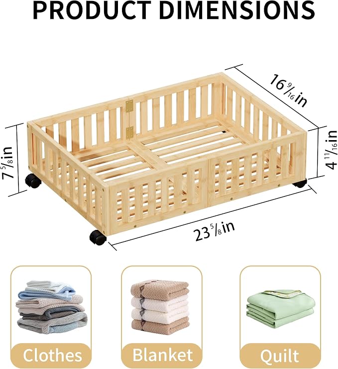 Bamboo Under Bed Storage with Wheels, Rolling Underbed Shoe Organizer Box - Image 2