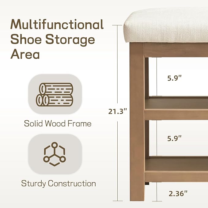 2 Tier Shoe Rack Bench with Cushion, Solid Wood Shoe Benches, Mid-Century - Image 4