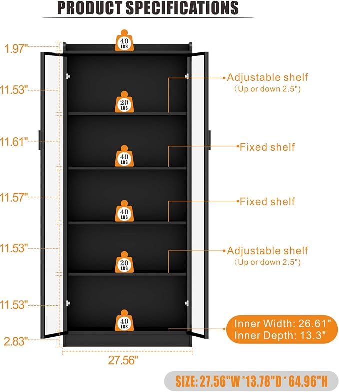 Display Cabinet with Doors and Adjustable Shelves, 5 Tier Display Case - Image 2