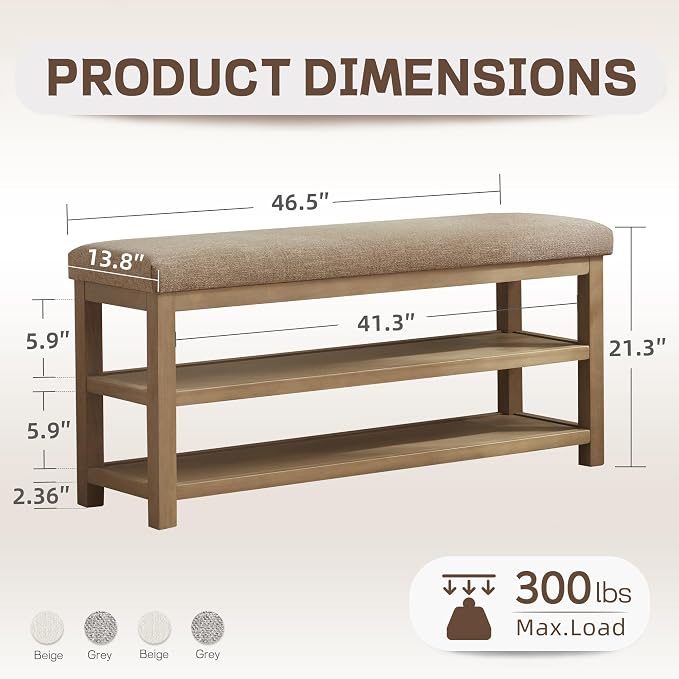 Shoe Rack Bench with Cushion, 2 Tier Solid Wood Storage Bench, Mid-Century - Image 2
