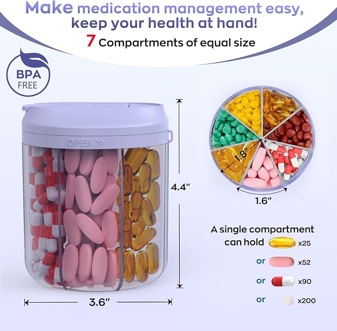 Pill Dispenser with 7 Large Compartments, 4.4" H x 3.6" Dia Pill Organizer - Image 2
