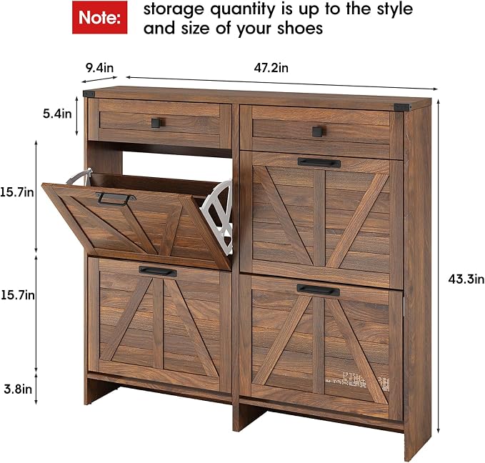 Shoe Cabinet with 4 Flip Drawers & 2 Drawers, Farmhouse Shoe Storage Cabinet - Image 2
