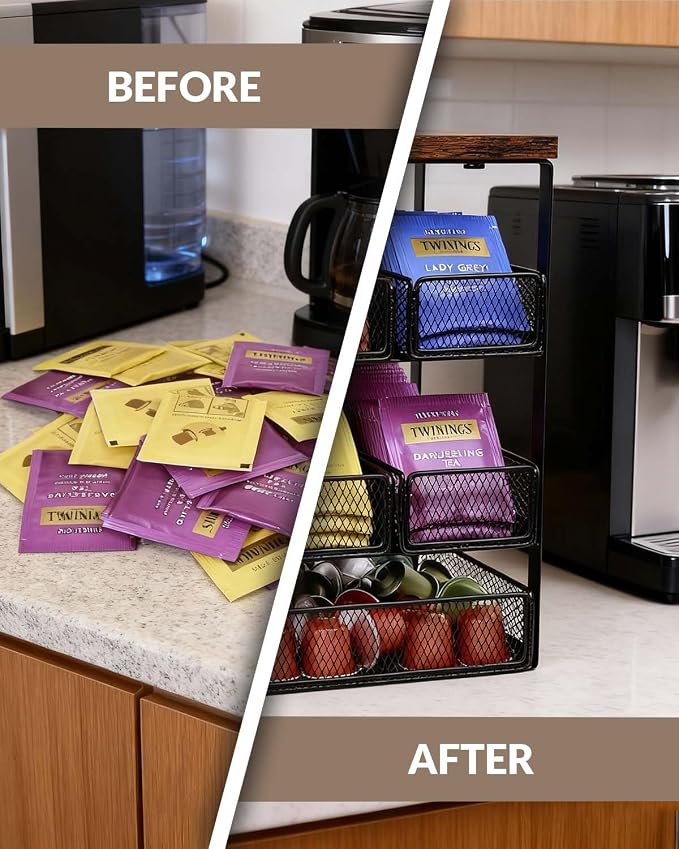 Tea Bag Organizer with 5 Drawers, Wooden & Metal Tea Storage Organizer - Image 3