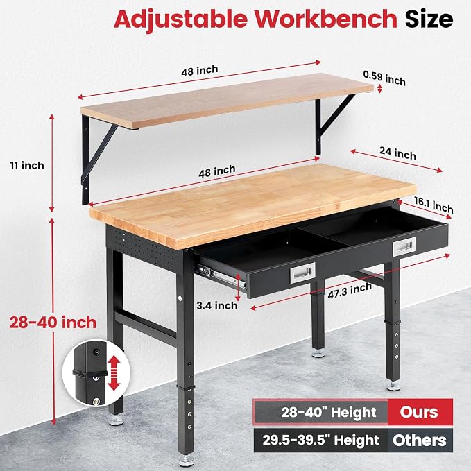 Workbench with Shelf Bracket 48 x 24 Inch Heavy Duty Rubberwood Tabletop Work - Image 7
