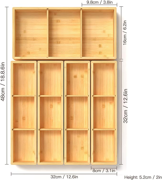 5 pieces Bamboo Drawer Organizer, Adjustable 3 Individual Junk Drawer organizer - Image 2