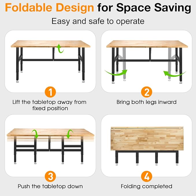 60” Folding Workbench, 2000 LBS Capacity Heavy Duty Workbench, Height - Image 3
