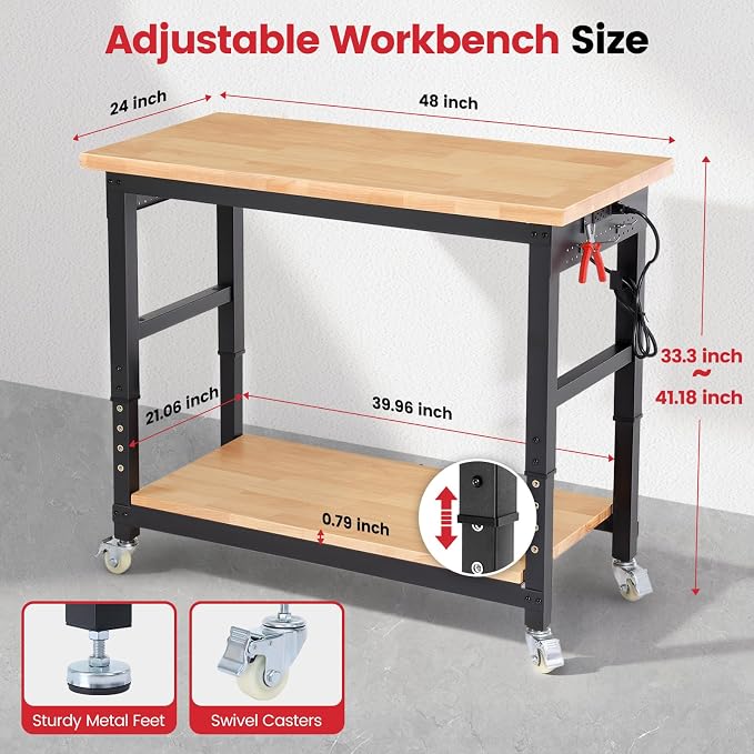 Workbench with Wheels 48 Inch Adjustable Height Work Table with Under Table - Image 2