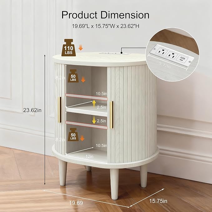 Nightstands Set of 2 & Charging Station, Fluted Accent Side Table - Image 2