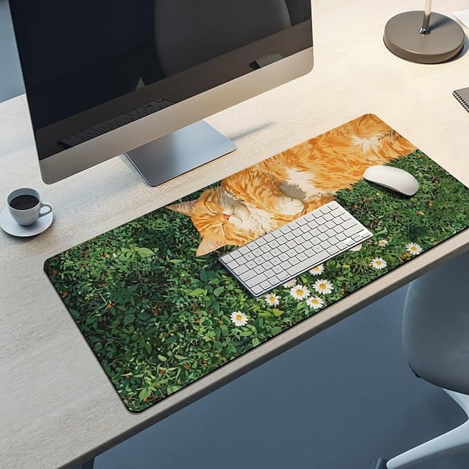Cozy Cat Large Mouse Pad, Grass Daisy Gaming Desk Mat, XXL Keyboard Desk Pad Mat - Image 8