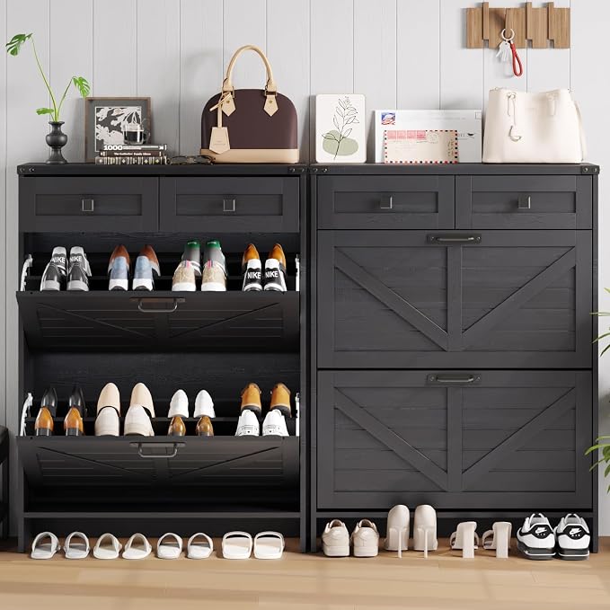 Shoe Cabinet with 2 Flip Drawers & 2 Drawers, Farmhouse Shoe Storage Cabinet - Image 5