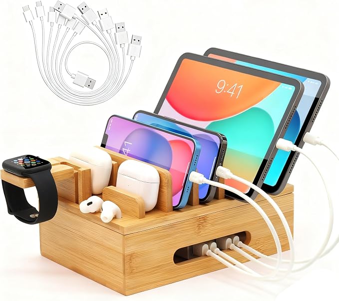 Bamboo Charging Station for Mutil Devices, Desktop Charging Station Organizer by LEOKKARR
