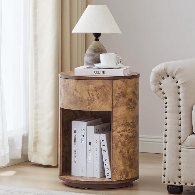 Side Table with Drawer, Round Bedside Table with Open Shelf, Farmhouse Burl - Image 5