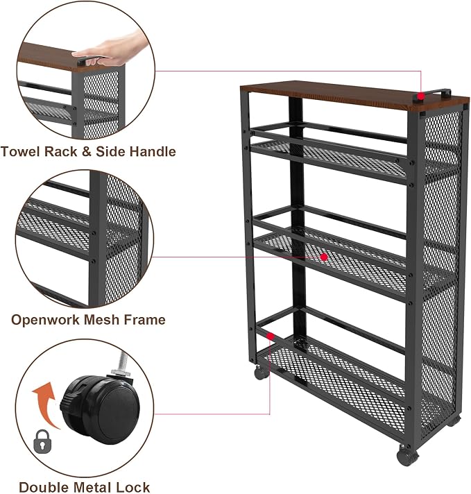 2025 New, Slim Kitchen Storage Cart, 3-Tier Metal Rolling Utility Cart Mesh - Image 3