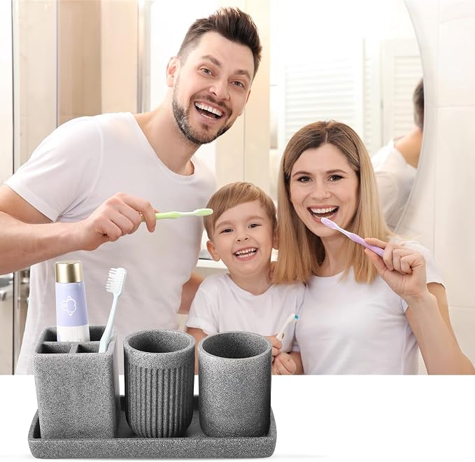 Resin Matte Gray Bathroom Toothbrush Cups Set - Image 3