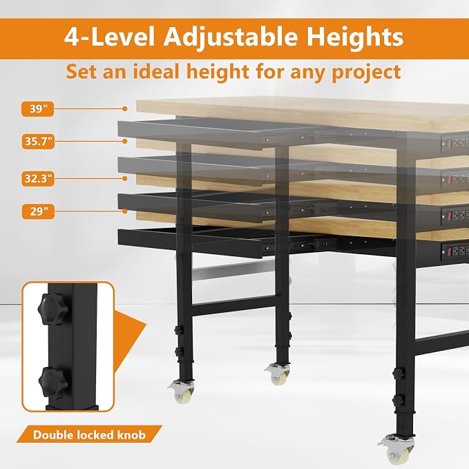 60" Work Bench with Wheels, Adjustable Height Workbench with Drawers, - Image 4