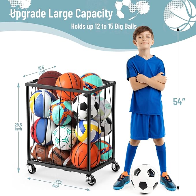TomCare Garage Ball Rolling Storage Rack Large Capacity Basketball Holder - Image 2