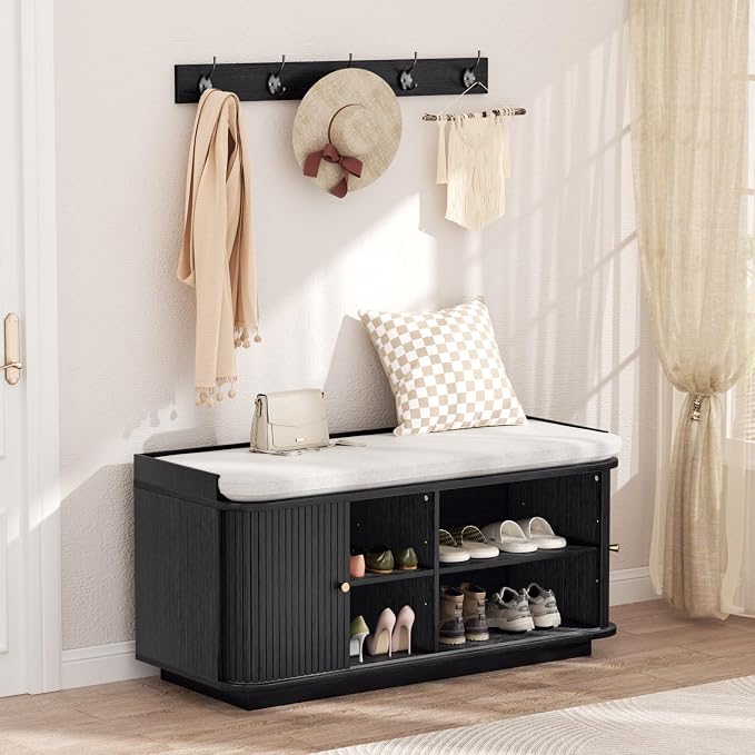 Hall Tree with Bench and Shoe Storage, Entryway Bench with Sliding Door Cabinet - Image 8