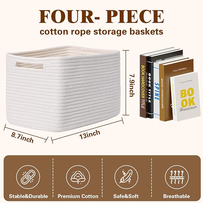 Storage Baskets for Organizing, 4 Pack Storage Baskets for Shelves, Woven - Image 3