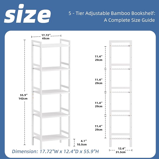 HITNET 5 Tier Bamboo Shelf, Tall Narrow Bookcase, Freestanding Bathroom Storage - Image 3