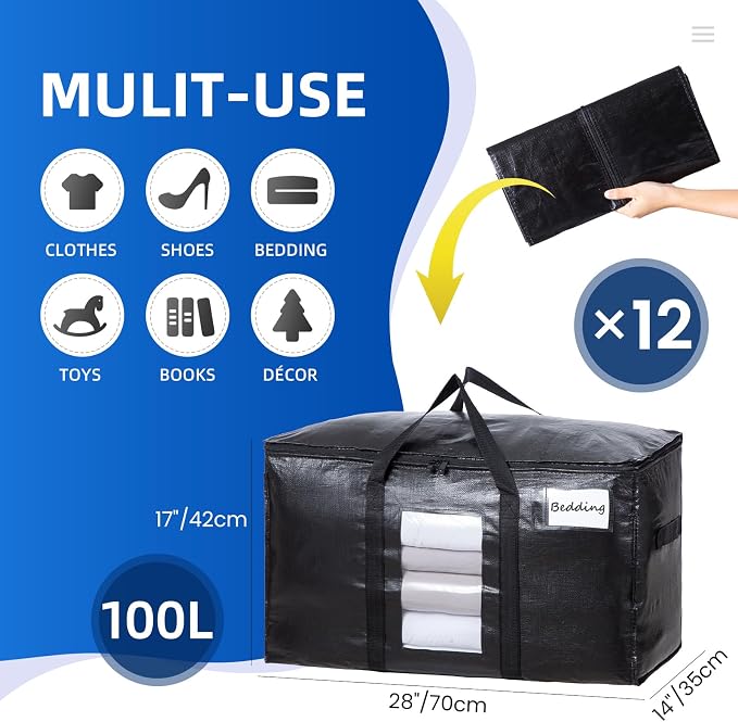 TAILI Extra Large Moving Bags, 12 Pack Black Heavy Duty Totes - Image 2