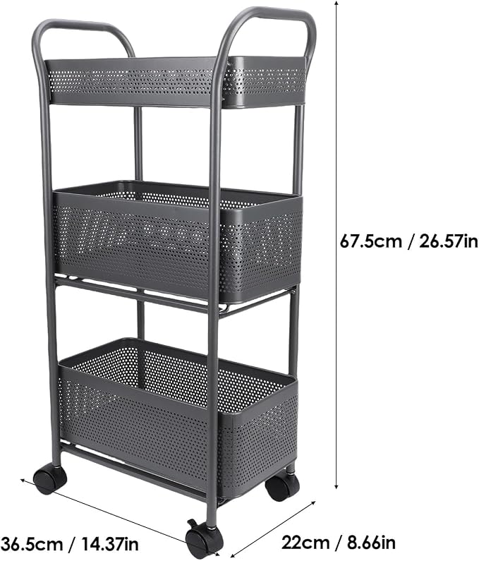 3 Tier Rolling Cart, Steel Multi Functional Movable Storage Organizer - Image 2