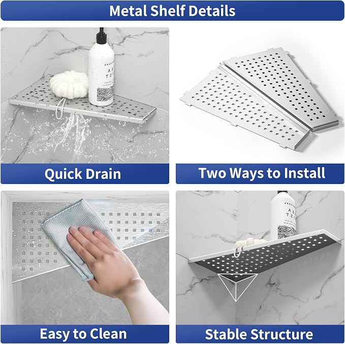 Corner Shower Shelf, Brushed 12" Trapezoid Floating Shelf, 304 Stainless Steel - Image 3