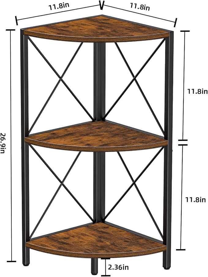 Snughome Corner Shelf with Metal Frame, 3 Tier Rustic Corner Storage Organizer - Image 3