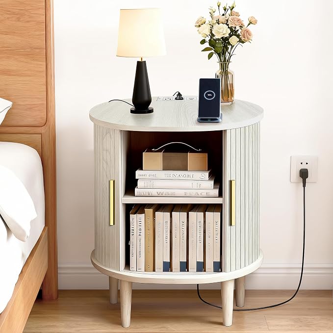 Nightstands Set of 2 & Charging Station, Fluted Accent Side Table - Image 7