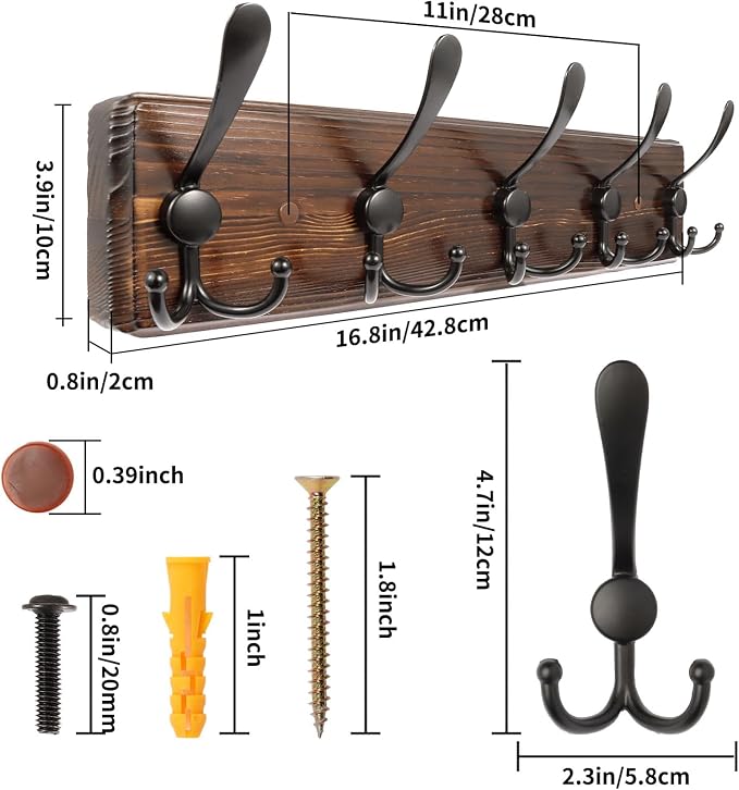 2 Pack Coat Rack Wall Mount 16.8'' Rustic Hat Rack - Image 3