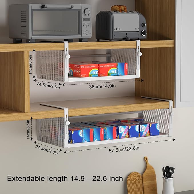 2Pack Under Shelf Basket, Adjustable Hanging Under Cabinet Shelf Storage - Image 2