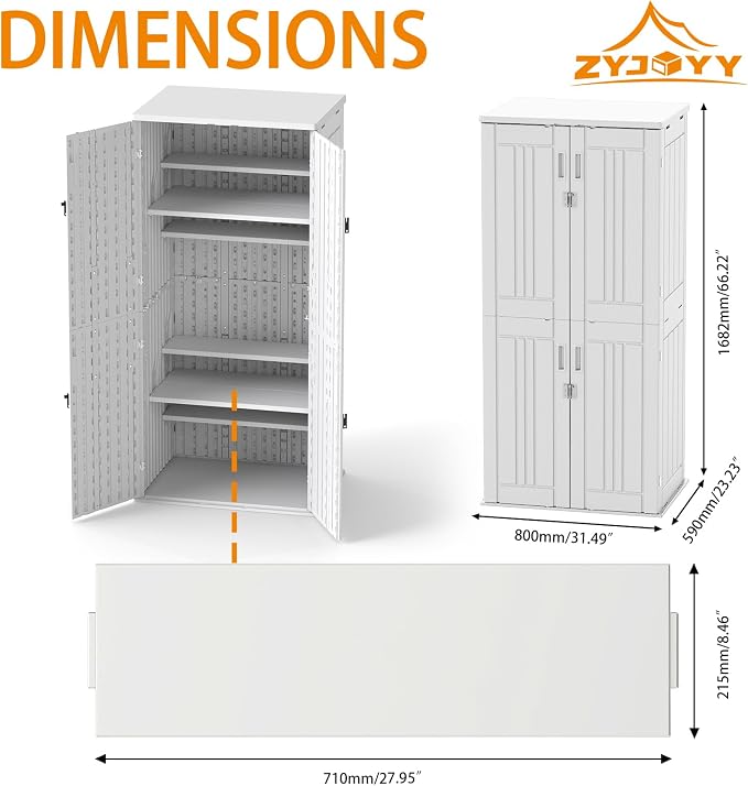 Outdoor Storage Cabinet with 4 Shelves, 31.5" x 23.23" x 66.22" White - Image 2