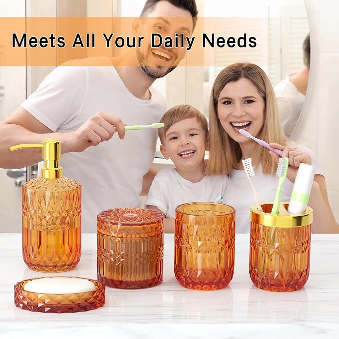 Orange Bathroom Accessories Set, Soap Dish, Toothbrush Holder, Cotton Swab Jars - Image 2