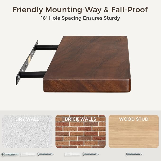 24" Rustic Walnut Wood Floating Shelves, 8 Inch Deep Wall Shelves - Image 7