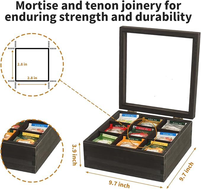 Black Wood Tea Bag Organizer, 9 Compartment Multi-Functional Tea Box and - Image 2
