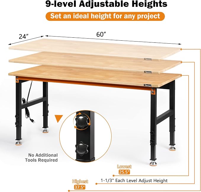 Betterhood Adjustable Height Workbench, 2000 LBS Load Capacity Hardwood - Image 2