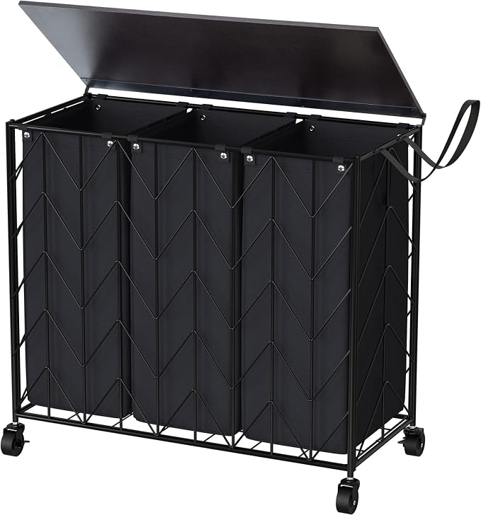 WOWLIVE Laundry Basket with Wheels, 142L Hamper 3 Section with Lid, Dirty by WOWLIVE