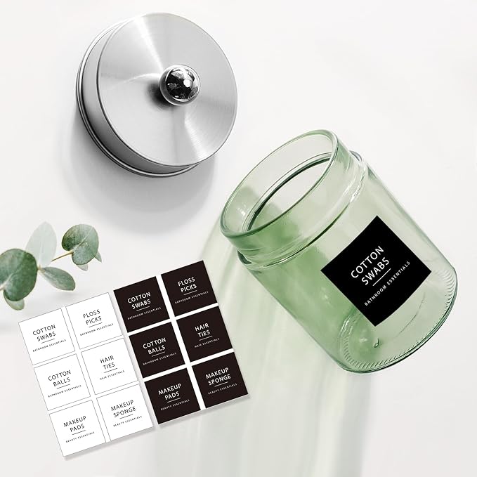 Amolliar Sage Green Glass Apothecary Jar, Qtip Holder Metal Lid & Sticker - Image 3