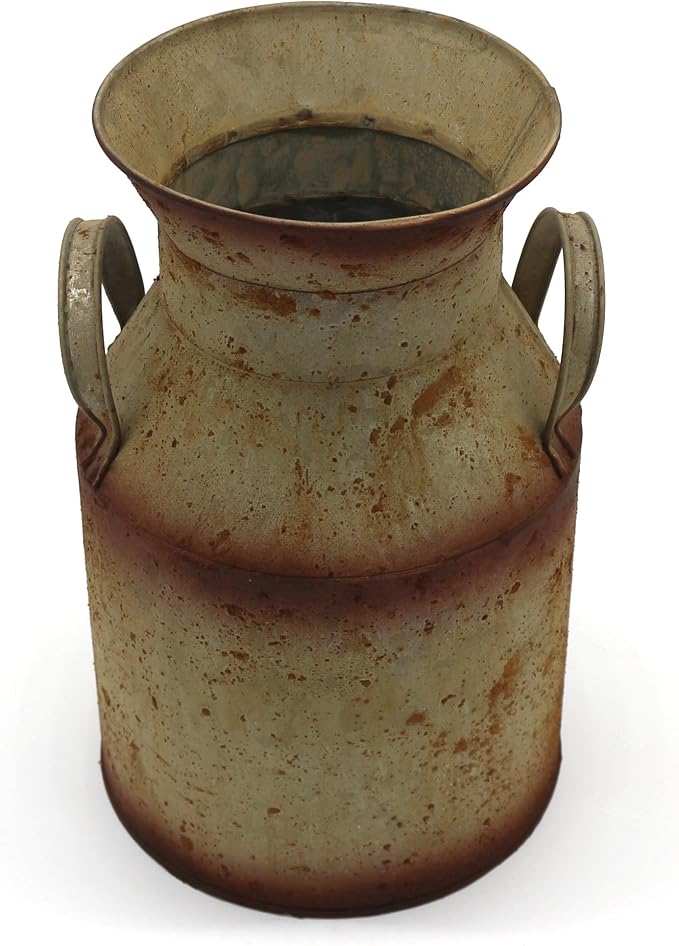 CVHOMEDECO. Farmhouse Galvanized Metal Milk Can, Old Rustic Primitives Jug Vase - Image 5