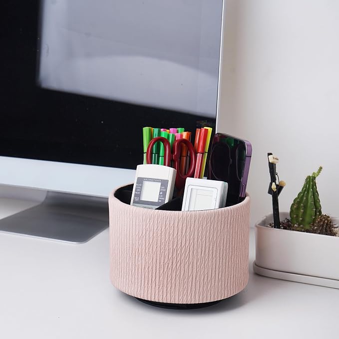 Round Leather Art Supply Organizer, Remote Control Holder, 360 Degree Spinning - Image 7