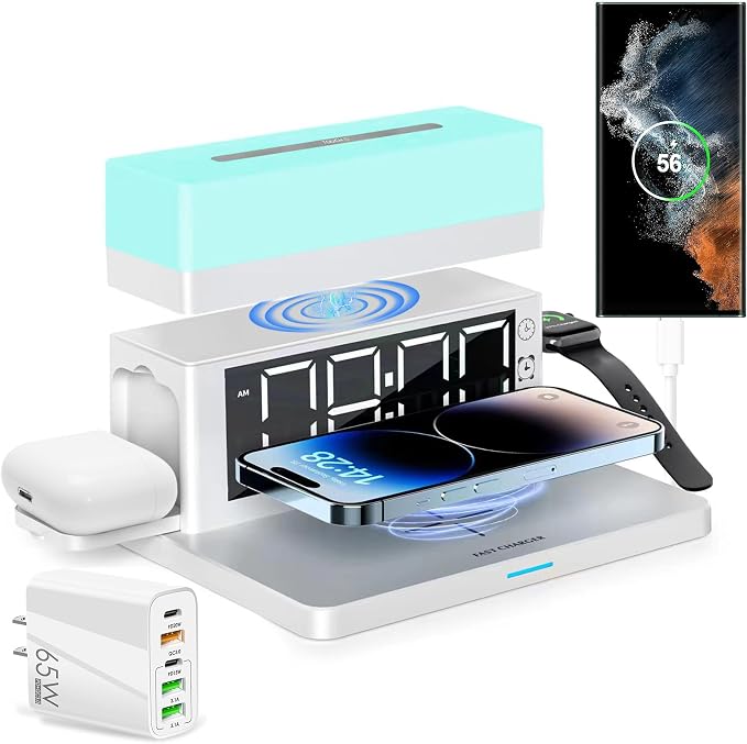 Wireless Charging Station with 65W USB C Charger, 6 in 1 Alarm Clock Magnetic by BODSEIEOU