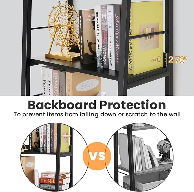 Himimi Black Ladder Bookshelf, 5 Shelf Bookcase Industrial Bookshelf Wood and - Image 4