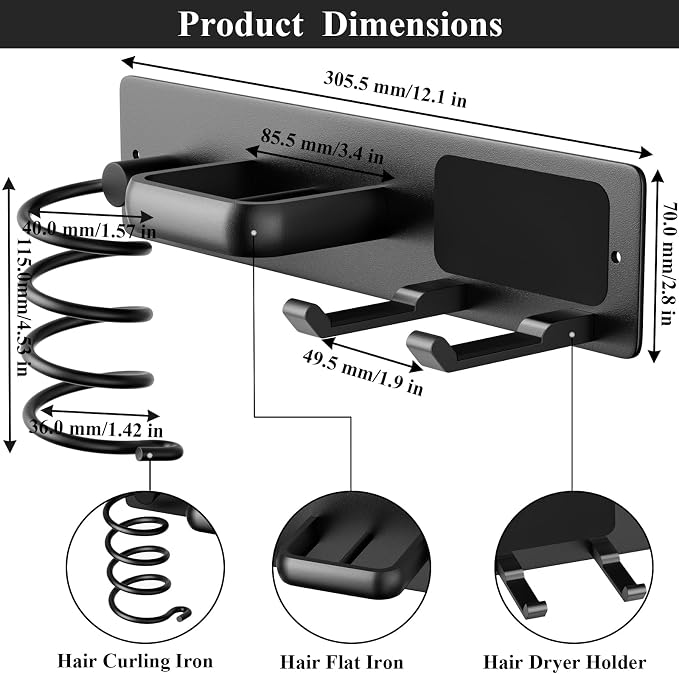 Tindbea Hair Dryer Holder Curling Iron Holder Flat Iron, Blow Dryer Holder Wall - Image 3