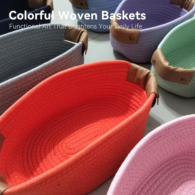Small Cotton Woven Basket with PU Leather Handle, Baby Kids Clothes Toys Candy - Image 6