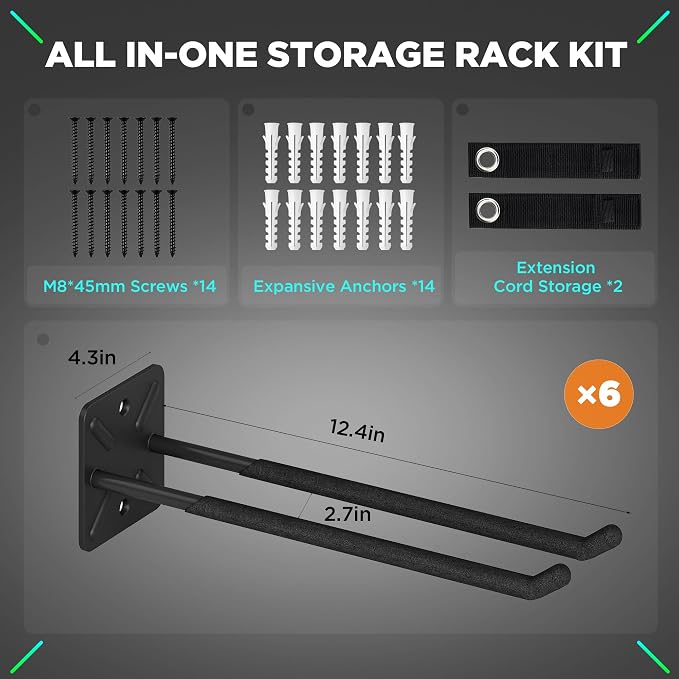 NACIAL 6 Pack Garage Storage System Hooks, Heavy Duty Wall Mount Tool Organizer - Image 2