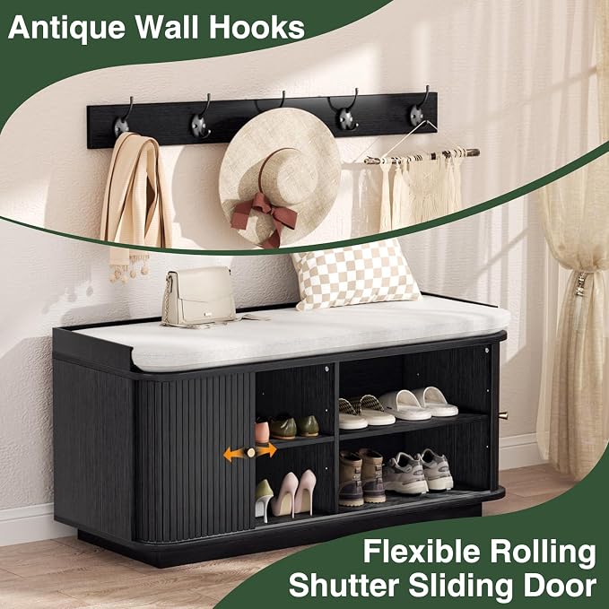 Hall Tree with Bench and Shoe Storage, Entryway Bench with Sliding Door Cabinet - Image 3